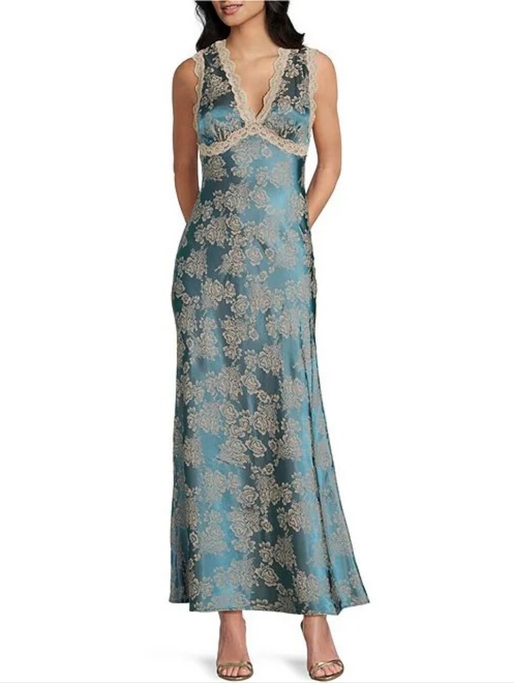 Thirty Thirty Blue Teal Floral Burnout Lace-Trim V-Neck Slip Maxi Dress Small